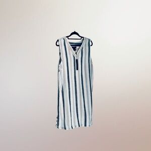 Tahari Striped Linen Blend Sleeveless Dress | Size L | NWT | Beige-Blue